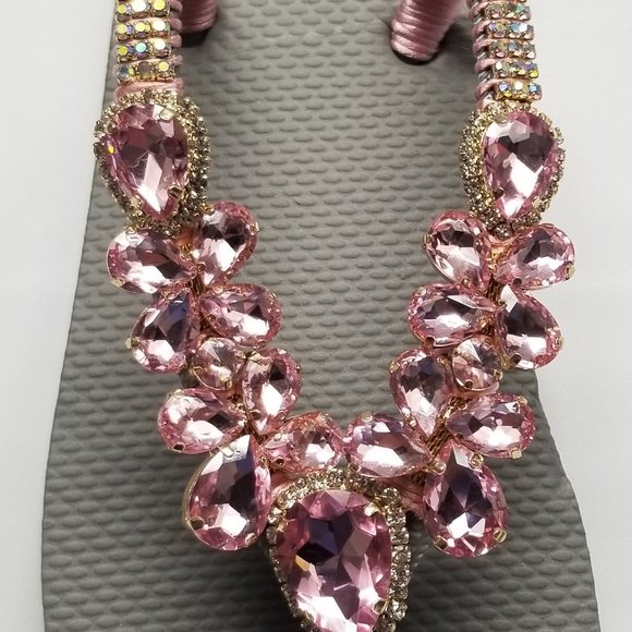 Luxury flip flops with crystals and rhinestones. Grey and pink - Picture 3 of 10